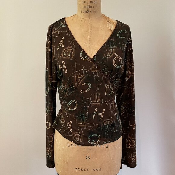 2000s y2k Steps Brand Deep V Wrap Alphabet Print Slinky Knit Bell Sleeve Large - Picture 1 of 16